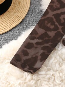 Juhart Body de manga larga con hombros recortados y estampado de leopardo en malla para mujer de talla grande - Marrón - Ver 8
