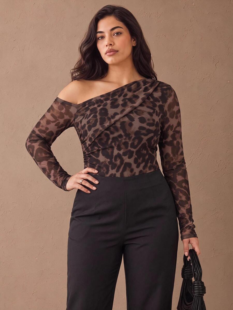 Juhart Body de manga larga con hombros recortados y estampado de leopardo en malla para mujer de talla grande - Marrón - Ver 1
