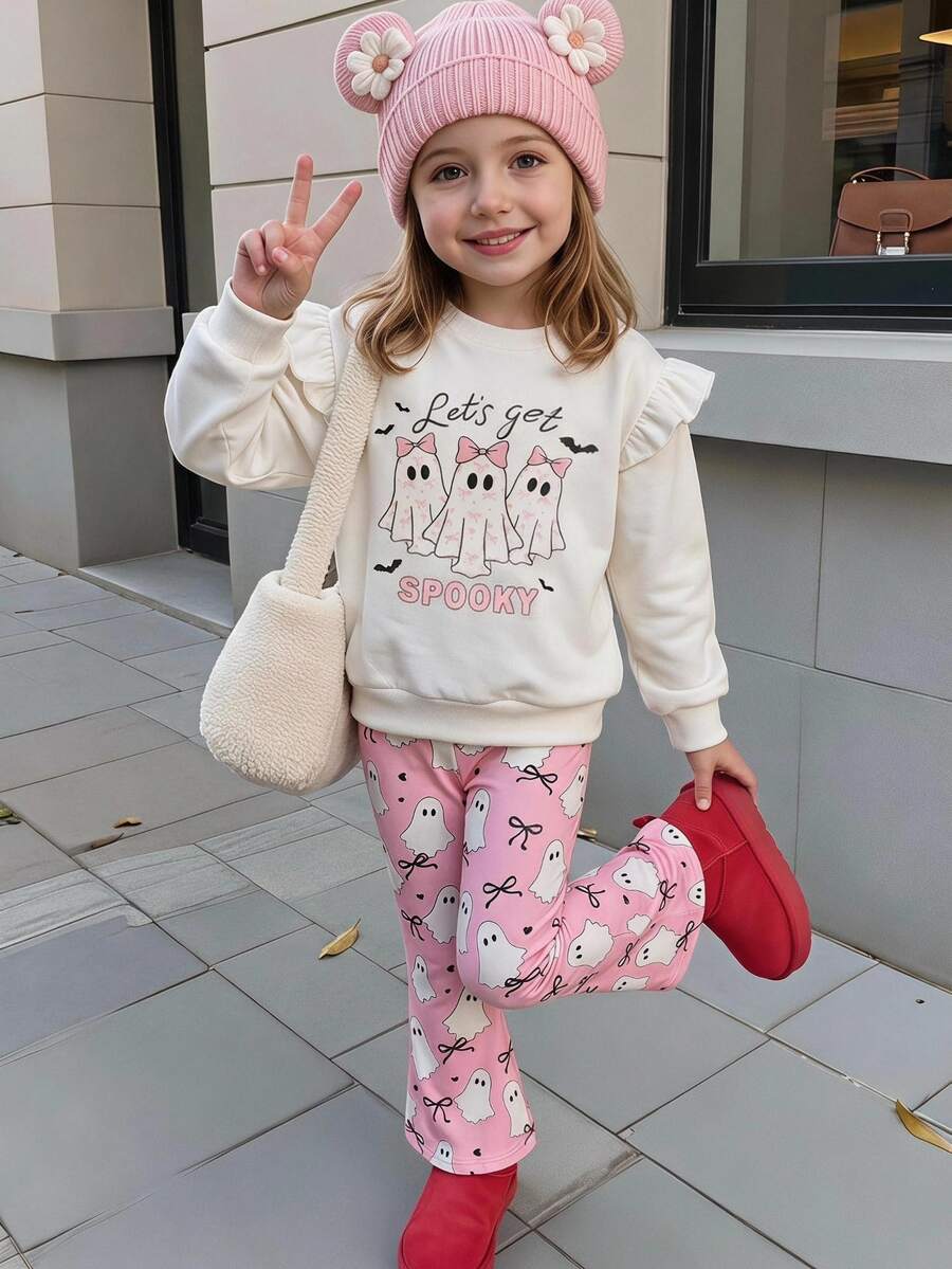 SHEIN Elladie kids Tween Girls Striped Bow Decor 2-Piece Outfit, Waffle Knit Long Sleeve Top & Ribbed Flare Pants Set - Baby Pink - View 1
