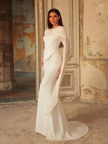 Aureia Elegant Luxurious White Knit & Chiffon Patchwork Rhinestone Chain Decor Round Neck Flared Sleeve 2 In 1 Mermaid Tail Train Wedding Dress - White - View 6