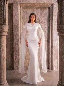 Aureia Elegant Luxurious White Knit & Chiffon Patchwork Rhinestone Chain Decor Round Neck Flared Sleeve 2 In 1 Mermaid Tail Train Wedding Dress - White - View 4