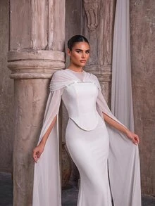 Aureia Elegant Luxurious White Knit & Chiffon Patchwork Rhinestone Chain Decor Round Neck Flared Sleeve 2 In 1 Mermaid Tail Train Wedding Dress - White - View 1