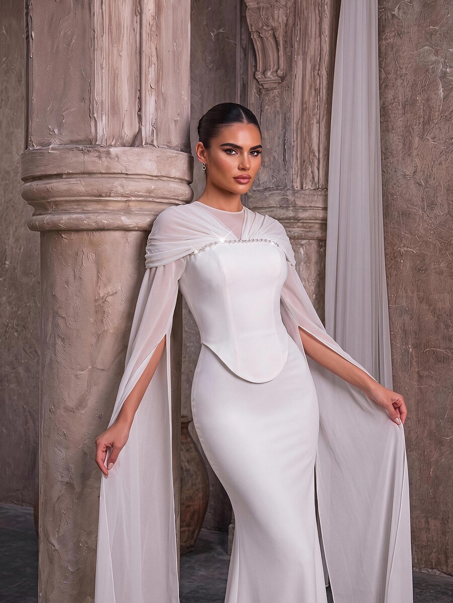 Aureia Elegant Luxurious White Knit & Chiffon Patchwork Rhinestone Chain Decor Round Neck Flared Sleeve 2 In 1 Mermaid Tail Train Wedding Dress - White - View 1