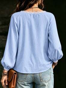 SHEIN Women's Lace Trim Scoop Neck Blouse, Ruched Front Raglan Long Lantern Sleeve Loose Casual Lightweight Blouse - Blue - View 3
