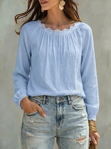 SHEIN Women's Lace Trim Scoop Neck Blouse, Ruched Front Raglan Long Lantern Sleeve Loose Casual Lightweight Blouse - Blue - View 9