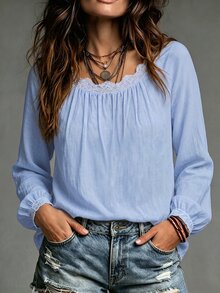 SHEIN Women's Lace Trim Scoop Neck Blouse, Ruched Front Raglan Long Lantern Sleeve Loose Casual Lightweight Blouse - Blue - View 5