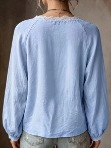 SHEIN Women's Lace Trim Scoop Neck Blouse, Ruched Front Raglan Long Lantern Sleeve Loose Casual Lightweight Blouse - Blue - View 8
