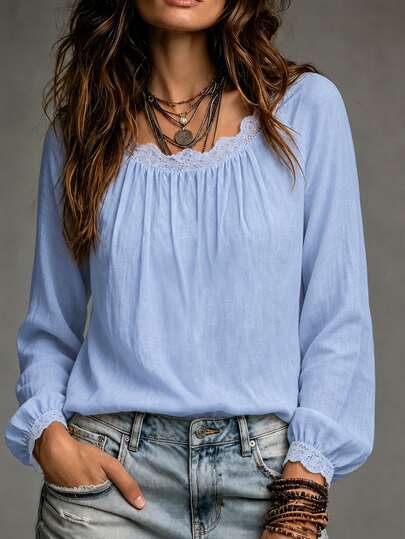 SHEIN Women's Lace Trim Scoop Neck Blouse, Ruched Front Raglan Long Lantern Sleeve Loose Casual Lightweight Blouse