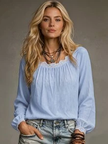 SHEIN Women's Lace Trim Scoop Neck Blouse, Ruched Front Raglan Long Lantern Sleeve Loose Casual Lightweight Blouse - Blue - View 7