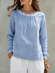 SHEIN Women's Lace Trim Scoop Neck Blouse, Ruched Front Raglan Long Lantern Sleeve Loose Casual Lightweight Blouse - Blue - View 4