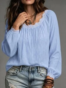 SHEIN Women's Lace Trim Scoop Neck Blouse, Ruched Front Raglan Long Lantern Sleeve Loose Casual Lightweight Blouse - Blue - View 6