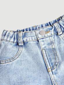 SHEIN 女嬰秋冬 Y2K 甜美風 牛仔女孩保暖粉色蝴蝶結刺繡 藍色丹寧刷毛內裡寬鬆牛仔褲 生日居家度假穿搭 - 淺色水洗藍 - 查看 6