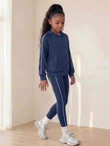 SHEIN طقم محبوك مخطط أزرق وأبيض للفتيات المراهقات، جاكيت فضفاض كاجوال + سروال ضيق، خريف، مرونة عالية، لون متباين جانبي، رياضي نشط - أزرق بحري - مشاهدة 5