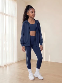SHEIN طقم محبوك مخطط أزرق وأبيض للفتيات المراهقات، جاكيت فضفاض كاجوال + سروال ضيق، خريف، مرونة عالية، لون متباين جانبي، رياضي نشط - أزرق بحري - مشاهدة 7