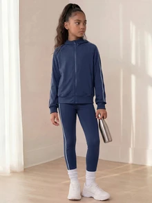SHEIN طقم محبوك مخطط أزرق وأبيض للفتيات المراهقات، جاكيت فضفاض كاجوال + سروال ضيق، خريف، مرونة عالية، لون متباين جانبي، رياضي نشط - أزرق بحري - مشاهدة 4
