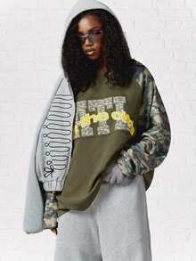 SUMWON WOMEN Oversized Waffle Knit Long Sleeve Top With Camo Raglan Sleeves And Graphic Text Print Front - Khaki - View 7
