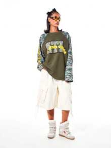 SUMWON WOMEN Oversized Waffle Knit Long Sleeve Top With Camo Raglan Sleeves And Graphic Text Print Front - Khaki - View 6