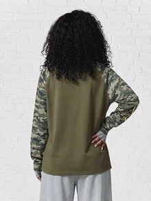 SUMWON WOMEN Oversized Waffle Knit Long Sleeve Top With Camo Raglan Sleeves And Graphic Text Print Front - Khaki - View 2