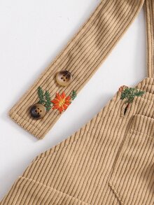 SHEIN 女童燈芯絨仙女公主學院森系鈕扣袋鼠口袋吊帶拼接收腰花卉連身褲 白色彩虹款 秋季 - 棕色 - 查看 7
