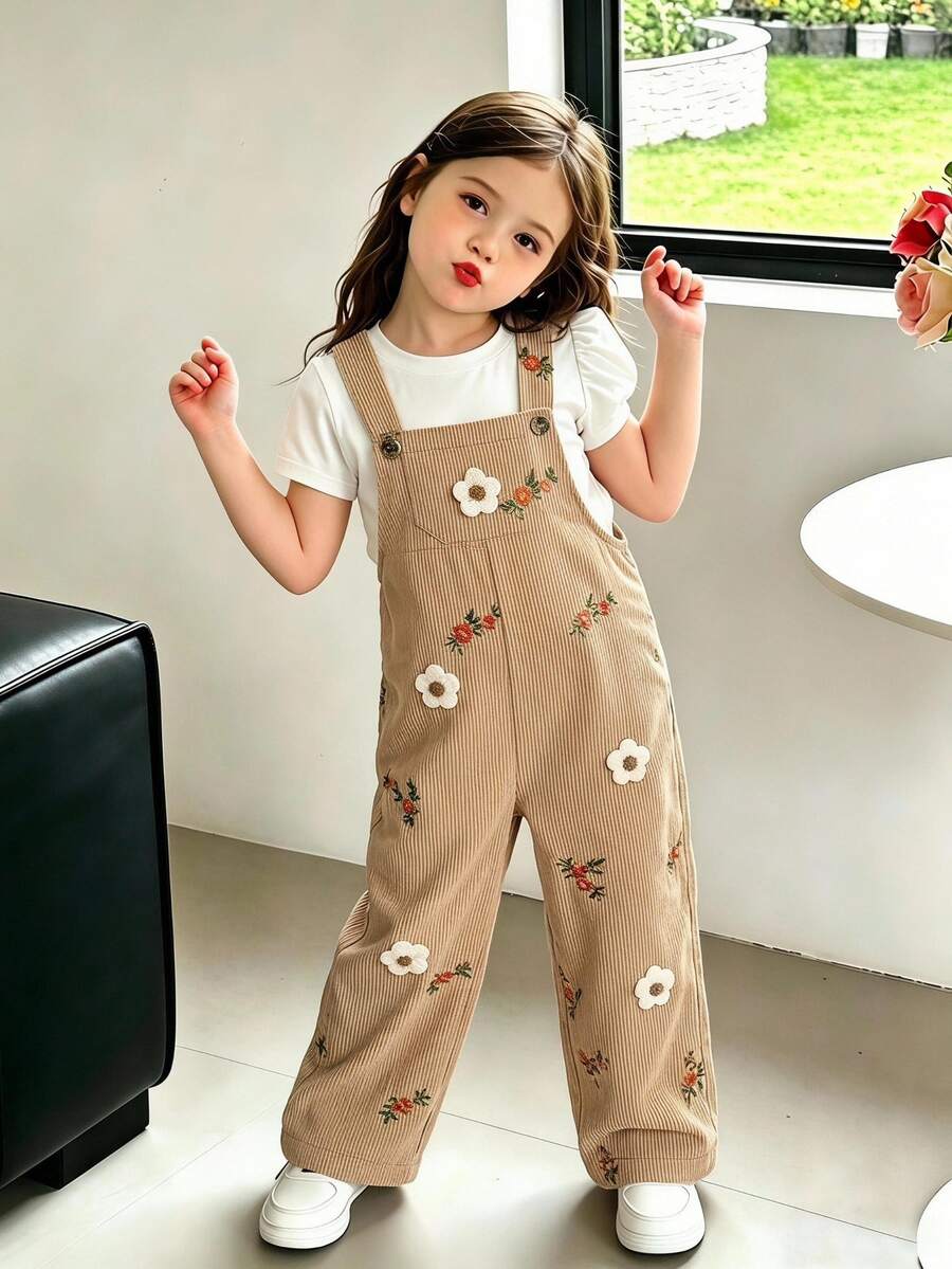 SHEIN 女童燈芯絨仙女公主學院森系鈕扣袋鼠口袋吊帶拼接收腰花卉連身褲 白色彩虹款 秋季