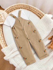 SHEIN 女童燈芯絨仙女公主學院森系鈕扣袋鼠口袋吊帶拼接收腰花卉連身褲 白色彩虹款 秋季 - 棕色 - 查看 3