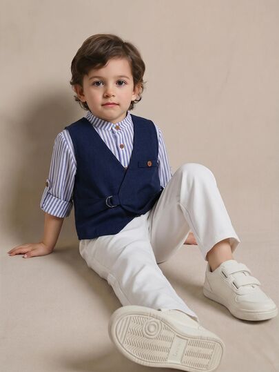 SHEIN 3pcs Kids Tween Boy Casual Preppy Style Striped Shirt, Dark Blue Vest And Trousers Gentleman Outfit, Suitable For Autumn/Winter, Outings, Dates, Travel, Vacation, Family Gatherings, Back To School, Wedding Season, Evening Parties, Sports, Birthday Parties