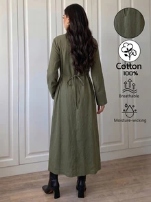Elenzga 女款秋冬時尚中式風格橄欖綠棉混紡面料開衩袖口設計長洋裝，適合日常通勤、購物與散步 - 橄欖綠 - 查看 2
