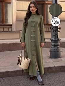 Elenzga 女款秋冬時尚中式風格橄欖綠棉混紡面料開衩袖口設計長洋裝，適合日常通勤、購物與散步 - 橄欖綠 - 查看 5