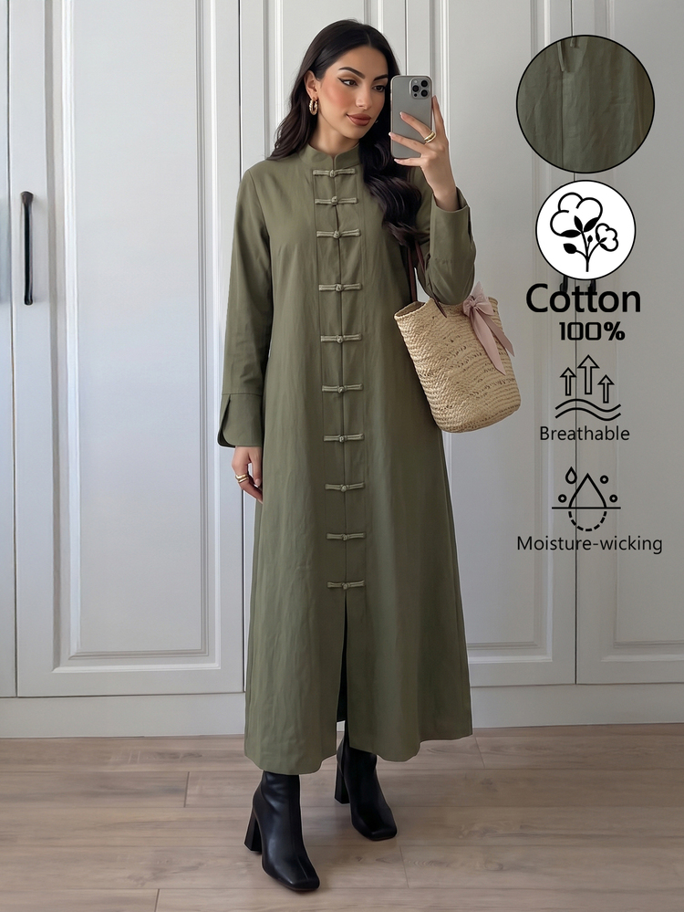 Elenzga Women's Autumn/Winter Fashion Chinese Style Olive Green Cotton Blend Fabric Split Cuff Design Long Dress Suitable For Daily Commute Shopping And Walking - Olive Green - View 6