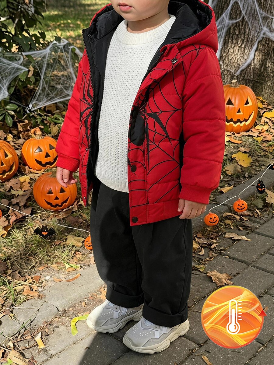 SHEIN Halloween Boys' Hooded Spider-Themed Padded Jacket – Long-Sleeve Zip-Up Outerwear – Comfortable And Warm Autumn Winter - Red - View 1