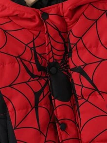 SHEIN Halloween Boys' Hooded Spider-Themed Padded Jacket – Long-Sleeve Zip-Up Outerwear – Comfortable And Warm Autumn Winter - Red - View 4
