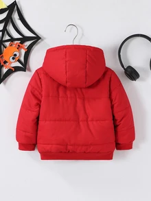 SHEIN Halloween Boys' Hooded Spider-Themed Padded Jacket – Long-Sleeve Zip-Up Outerwear – Comfortable And Warm Autumn Winter - Red - View 2