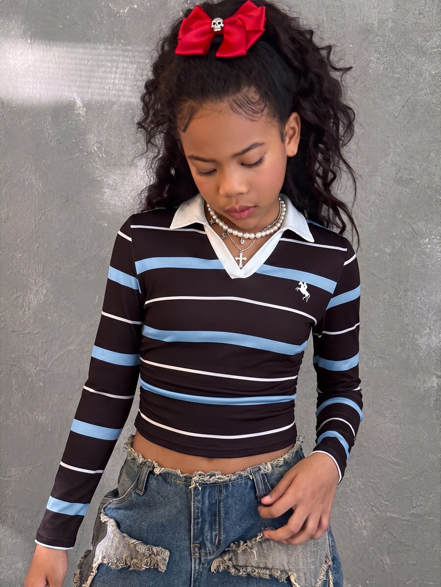 Tween Girls Striped Print Kids Embroidered Slim Fit Casual Long Sleeve T-Shirt - Burgundy - View 1