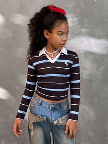 Tween Girls Striped Print Kids Embroidered Slim Fit Casual Long Sleeve T-Shirt - Burgundy - View 5