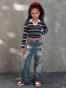 Tween Girls Striped Print Kids Embroidered Slim Fit Casual Long Sleeve T-Shirt - Burgundy - View 6