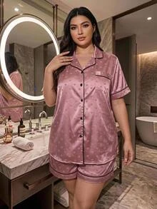 SHEIN CURVE+ Plus Size Women's Colorblock Short Sleeve Top And Shorts Casual Daily 2-Piece Set - Dusty Pink - View 5