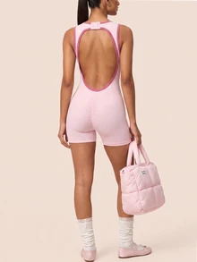 SHEIN BAE Women Pink Seamless Backless Cross Back V Neck Athletic Romper Gym Workout Training Running Yoga Sports Bodysuit - Baby Pink - View 5