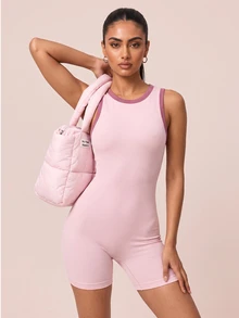 SHEIN BAE Women Pink Seamless Backless Cross Back V Neck Athletic Romper Gym Workout Training Running Yoga Sports Bodysuit - Baby Pink - View 4