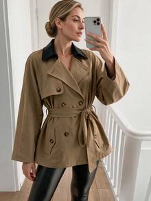 Selianne Women's Fall Casual French Classic Solid Color Minimalist Raglan Collar Contrast Design Versatile Trench Coat Jacket Suitable For Office Commuting - Khaki - View 4