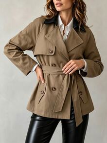 Selianne Women's Fall Casual French Classic Solid Color Minimalist Raglan Collar Contrast Design Versatile Trench Coat Jacket Suitable For Office Commuting - Khaki - View 3