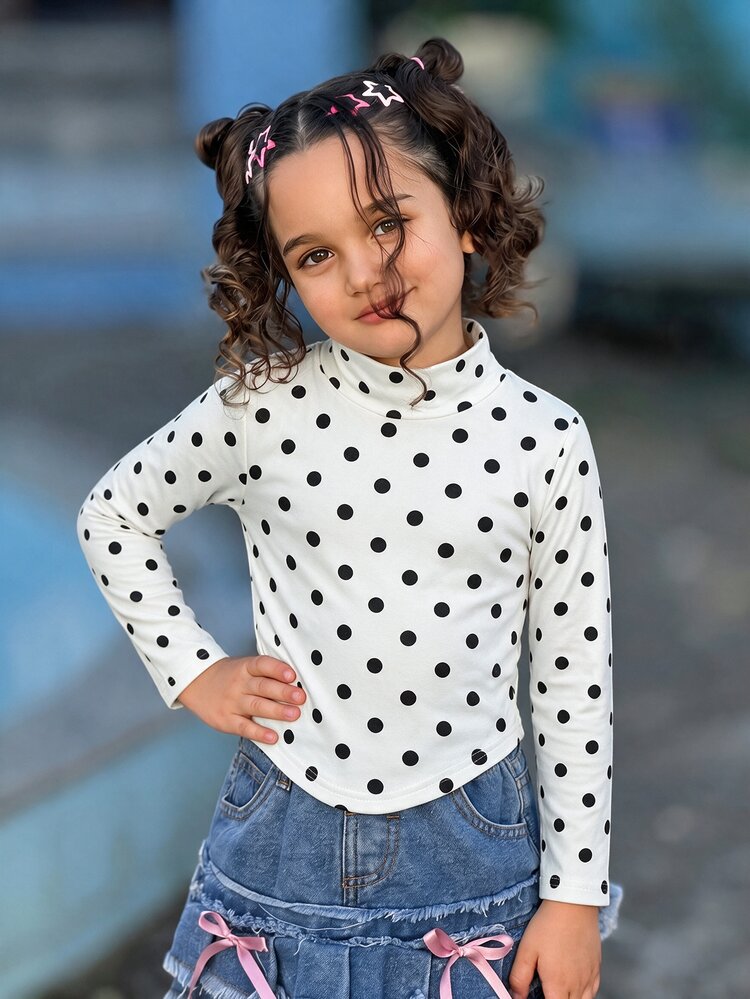 SHEIN Gadis Muda Gadis Muda Kaos Rajut Putih Polkadot Berkerut - Putih - View 2