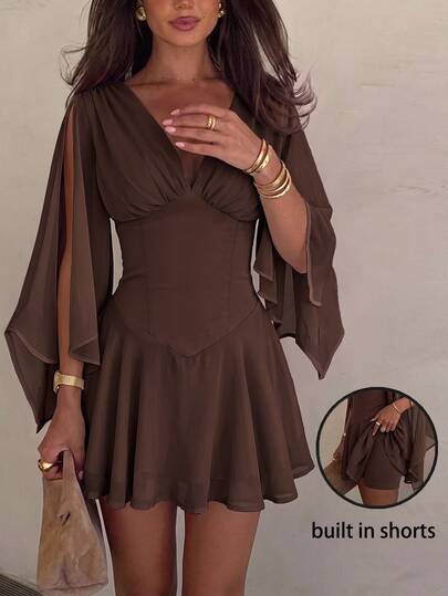 Siren Gaze Women's Solid Color V-Neck Pleated Casual Daily Mini Dress