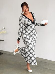 Firerie Plus Size Women's Contrast Lace Deep V-Neck Long Sleeve Plaid Fish Tail Hem Elegant Dress Fall - Multicolor - View 5