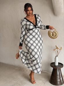 Firerie Plus Size Women's Contrast Lace Deep V-Neck Long Sleeve Plaid Fish Tail Hem Elegant Dress Fall - Multicolor - View 3