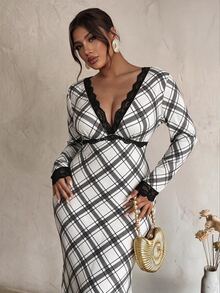 Firerie Plus Size Women's Contrast Lace Deep V-Neck Long Sleeve Plaid Fish Tail Hem Elegant Dress Fall - Multicolor - View 1