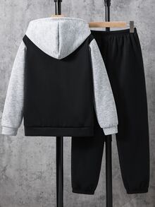 SHEIN 2件組兒童青少年男孩休閒運動拼接色抓絨內裡連帽外套與長褲套裝，適合通勤、上學、日常休閒、度假、旅行、運動，秋冬穿著 - 黑色 - 查看 4