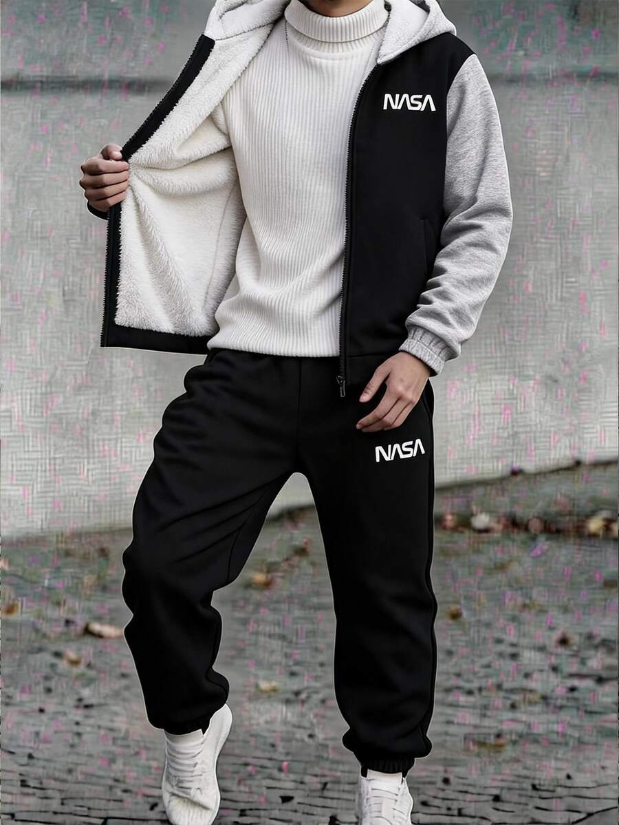 SHEIN 2件組兒童青少年男孩休閒運動拼接色抓絨內裡連帽外套與長褲套裝,適合通勤、上學、日常休閒、度假、旅行、運動,秋冬穿著 - 黑色 - 查看 1
