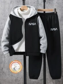 SHEIN 2件組兒童青少年男孩休閒運動拼接色抓絨內裡連帽外套與長褲套裝，適合通勤、上學、日常休閒、度假、旅行、運動，秋冬穿著 - 黑色 - 查看 2
