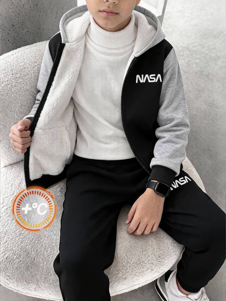 SHEIN 2件組兒童青少年男孩休閒運動拼接色抓絨內裡連帽外套與長褲套裝，適合通勤、上學、日常休閒、度假、旅行、運動，秋冬穿著 - 黑色 - 查看 1