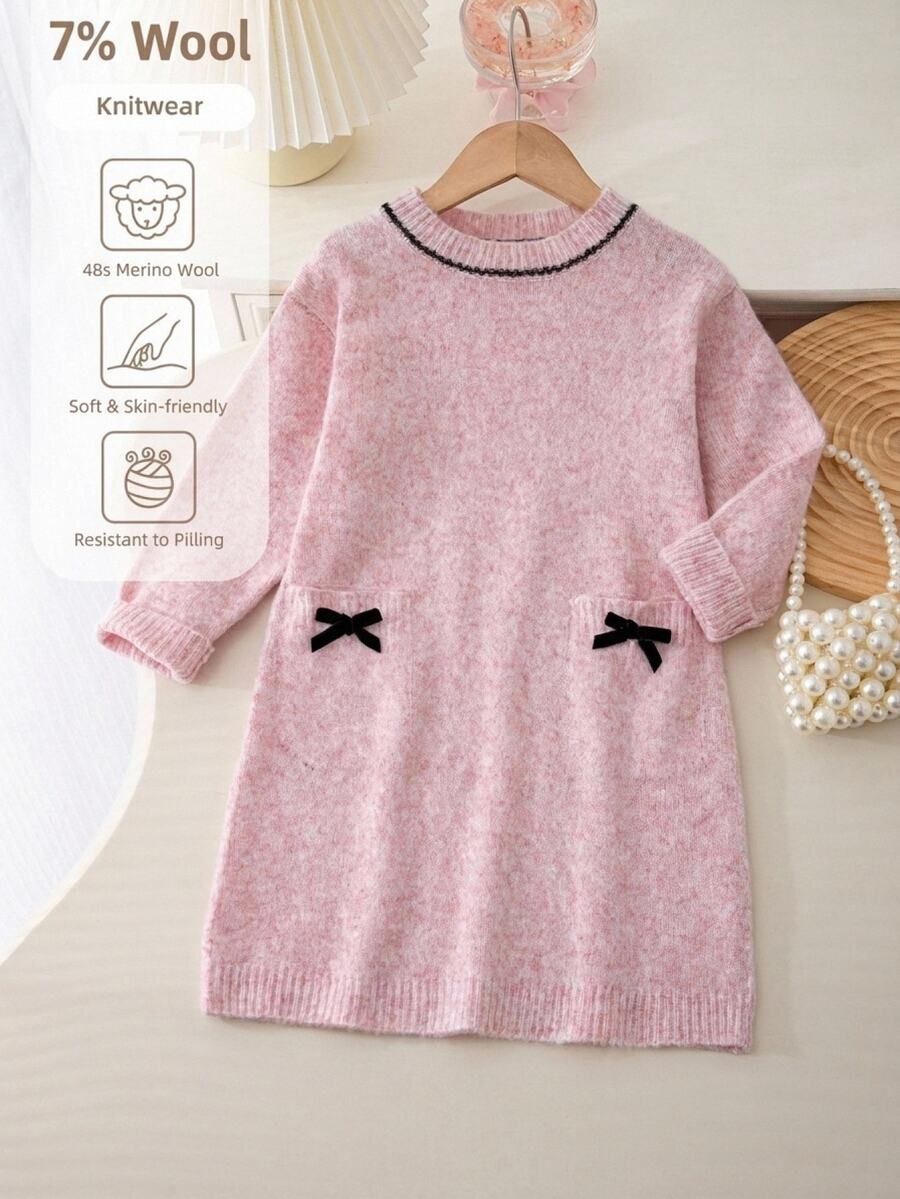SHEIN Girls' New Round Neck Slouchy Fashion Sweet Bow Sweater Dress, Stylish And Beautiful, Suitable For Back To School - Baby Pink - View 1